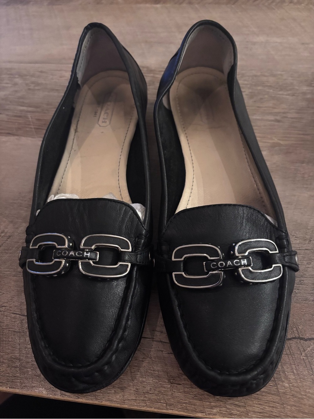 Coach Black Leather Driving Moc Loafers Women’s Size 9 Silver Logo